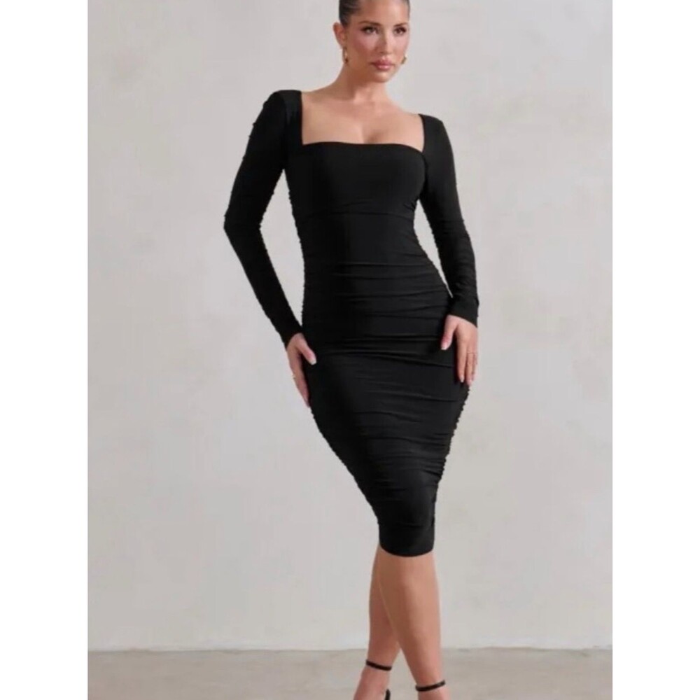 Club L London Seductress Square Neck Long Sleeve Ruched Midi Dress Black Size 10